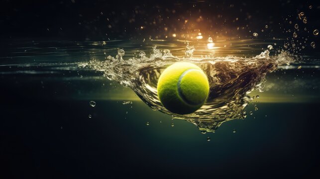 Dynamic and Action-Packed Image of a Tennis Ball Floating in Water on a Dark Background