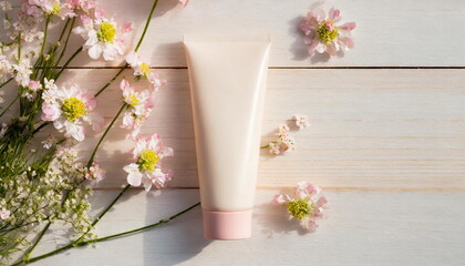 Mockup cosmetic cream tube on wooden table with tiny flowers, mock up