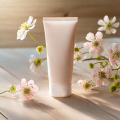 Mockup cosmetic cream tube on wooden table with tiny flowers, mock up