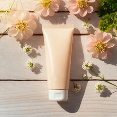 Mockup cosmetic cream tube on wooden table with tiny flowers, mock up