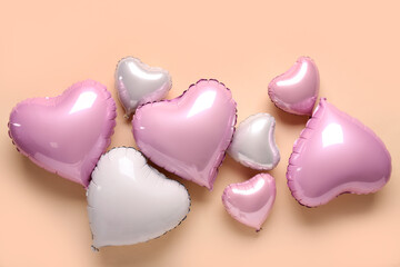 Heart shaped air balloons on beige background. Valentine's Day celebration