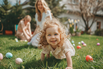 Laughing blondie curly girl at Easter egg hunt against house. Cute funny girl, Child 3 years old in crawling through grass collects colorful eggs, having fun. Spring concept of childhood, tradition