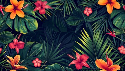 Tropical floral seamless pattern background with exotic flowers, palm leaves, jungle leaf, orchid - obrazy, fototapety, plakaty
