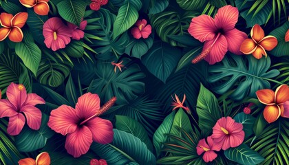 Fototapeta na wymiar Tropical floral seamless pattern background with exotic flowers, palm leaves, jungle leaf, orchid