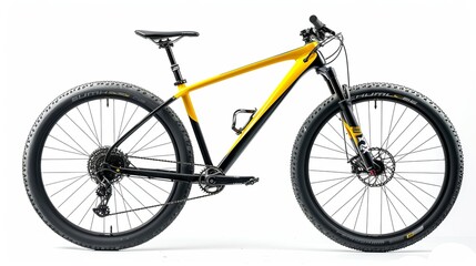 yellow black 29er mountainbike with thick offroad tyres. bicycle mtb cross country aluminum, cycling sport transport concept isolated on white background  - obrazy, fototapety, plakaty