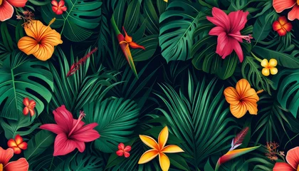 Fototapeten Tropical floral seamless pattern background with exotic flowers, palm leaves, jungle leaf, orchid © Nob