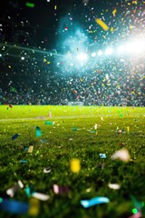 Colorful confetti rains down on the soccer arena
