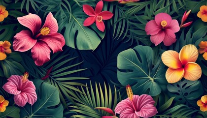 Naklejka premium Tropical floral seamless pattern background with exotic flowers, palm leaves, jungle leaf, orchid