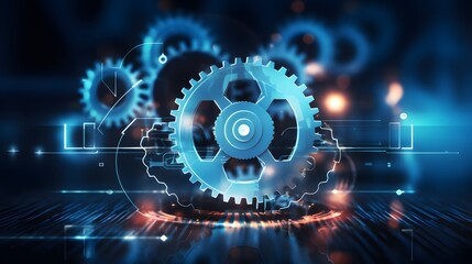 Gears icon on a digital display with reflection. Concept of business process workflow optimisation and automation, digital transformation, robotic process automation and flowing process management.  - obrazy, fototapety, plakaty