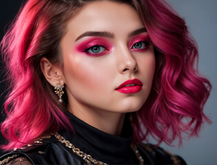 Fototapeta premium Portrait of a young beautiful girl with red hair and bright makeup