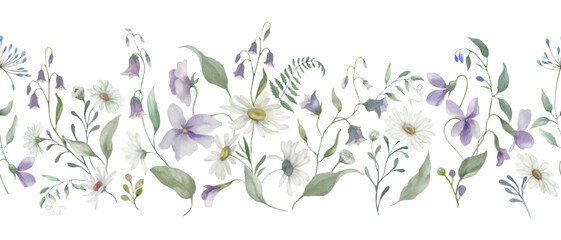Seamless watercolor border. Hand drawn floral illustration isolated on white background. Vector EPS.