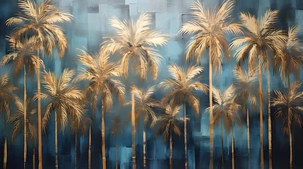 Photo sur Aluminium Mur chinois Golden and dark blue and teal palm trees painting . Great for wall art and home decor.
