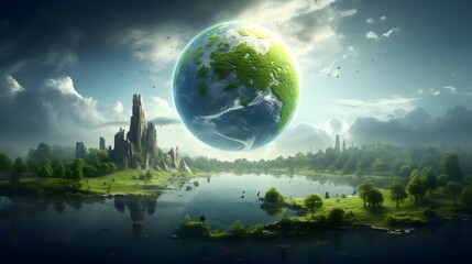Green earth. Back when the earth's primitive contents were full of green and no deserts.  - obrazy, fototapety, plakaty