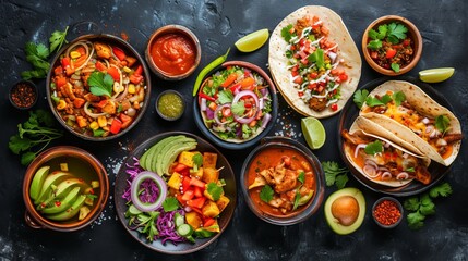 An assortment of dishes from Mexican cuisine presented against a dark background.  - obrazy, fototapety, plakaty