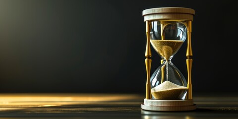 Elegant hourglass with flowing sand, space for copy - obrazy, fototapety, plakaty