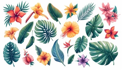 Tropical flowers, palm leaves, jungle leaf, bird of paradise flower, isolated on white background - obrazy, fototapety, plakaty