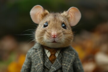 A sophisticated rodent donning a dapper suit, blending in with its packrat and dormouse brethren as it scurries through the outdoor grasslands, embodying both wild and civilized aspects of mammalian 