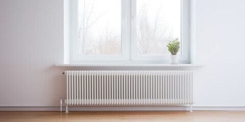 White room with window and radiator. Heating concept.