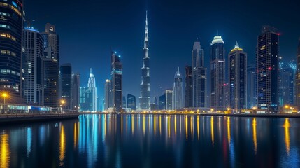 A stunning nocturnal urban landscape in Dubai, United Arab Emirates, showcasing futuristic modern architecture illuminated under the night sky, encapsulating the concept of luxurious travel. 