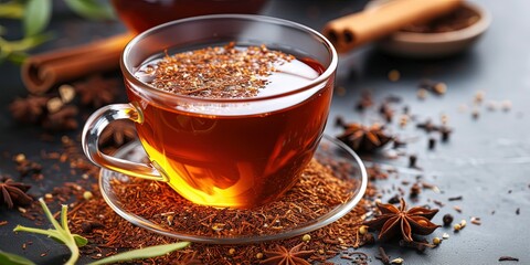 Natural herbal tea in a transparent cup, spices, cinnamon, traditional, background. - obrazy, fototapety, plakaty