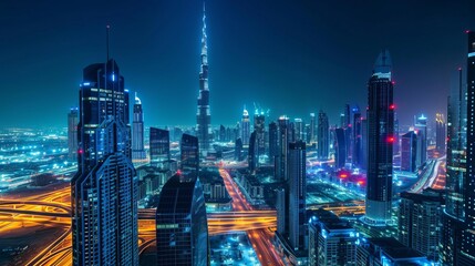 A stunning nocturnal urban landscape in Dubai, United Arab Emirates, showcasing futuristic modern architecture illuminated under the night sky, encapsulating the concept of luxurious travel.  - obrazy, fototapety, plakaty