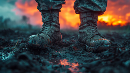 Military boots on soldier's feet, close-up picture - obrazy, fototapety, plakaty