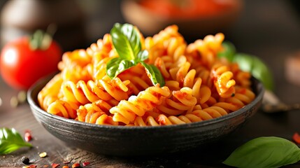 Italian-style cuisine featuring spiral-shaped fusilli pasta served with tomato sauce - obrazy, fototapety, plakaty