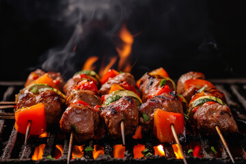 Juicy bloody steak on the grill.meat kebab shashlik on skewers and grilled, on fire background. Grilling meat. Juicy shashlik skewers grilling over hot coals, with a mix of marinated beef and pork.