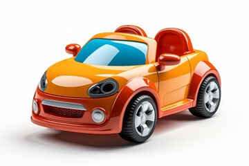 Futuristic orange toy car on white background. Cartoonish vehicle designed for children. Concept of kids friendly toys, playful designs, transport-themed playthings, and bright colors