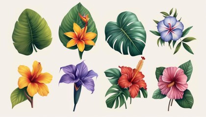 Tropical flowers, palm leaves, jungle leaf, bird of paradise flower, isolated on white background