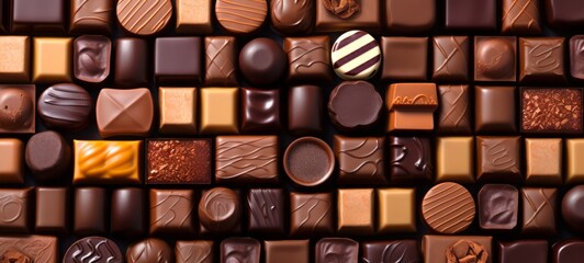 Assortment of luxury chocolates in various shapes and flavors. Top view. Delicious background. Banner. Concept of confectionery, gourmet sweets, chocolate variety, luxury treats, assorted candies