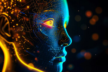 3d rendering of artificial intelligence concept with glowing human face on dark background