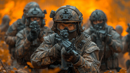 Obraz premium Intense Combat Action as Soldiers Brave the Frontlines of War