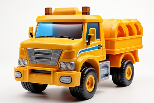 Yellow plastic toy truck isolated on a white background. Side view. Fantastic childrens car. Concept of kids toys, playful designs, transport-themed playthings, and bright colors.
