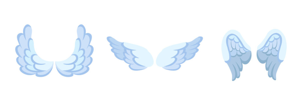 Cartoon angel wings. Drawing angels wing or birds.  vector set.