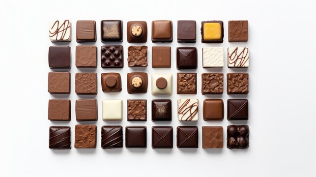 Array of gourmet chocolate candies with decorative patterns on white background. Top view. Concept of confectionery, gourmet sweets, chocolate variety, luxury treats, assorted chocolates