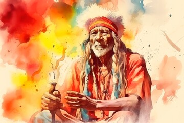 Watercolor of Indigenous elder in traditional attire performing a ritual by fire at night. Native American shaman. Concept of indigenous culture, traditional ritual, native attire, spiritual ceremony