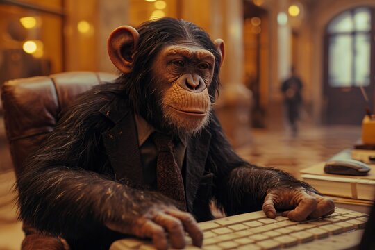 A professional primate working diligently indoors, proving that even in the corporate world, anything is possible - Powered by Adobe