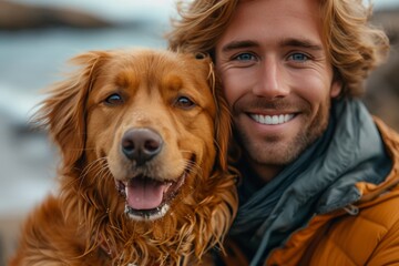 A joyful bond between a man and his loyal brown dog breed, captured in an outdoor moment filled with smiles and pure human-canine connection