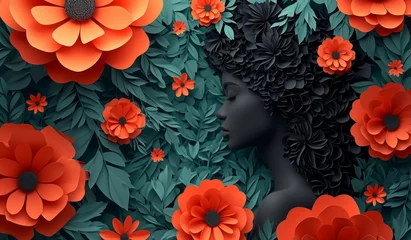 Foto op Plexiglas Beautiful silhouette of african american woman on the background of leaves and flowers © foto.katarinka