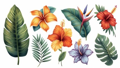 Obraz premium Tropical flowers, palm leaves, jungle leaf, bird of paradise flower, isolated on white background