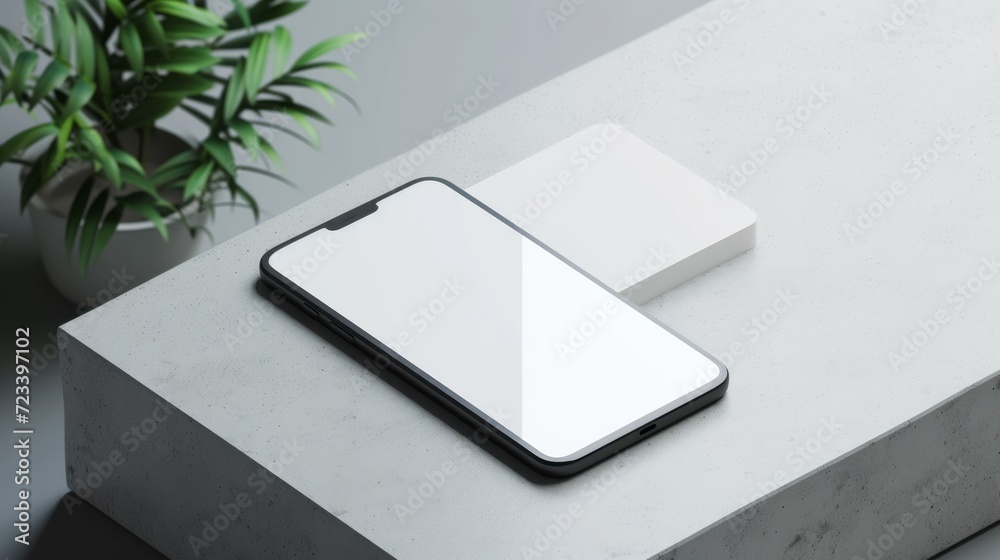 Poster a sleek smartphone rests beside a simple square box on a table, showcasing the marriage of minimalis