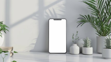 A modern blend of technology and nature, the blank screen of the cellphone contrasts with the intricate design of the white vase, while the lush houseplant brings life to the sleek indoor setting