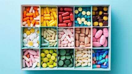 Medicines arranged in a box with compartments