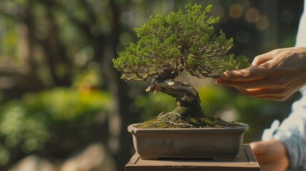Enthusiast learning the art of cultivating and shaping bonsai trees - obrazy, fototapety, plakaty