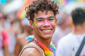 A joyful person with a rainbow makeup and a necklace smiles brightly while standing outdoors, their human face adorned with colorful expressions and their clothing reflecting a vibrant and unique sty