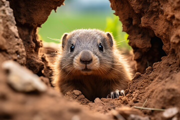 A marmot crawls out of the ground after hibernation. Generated by artificial intelligence
