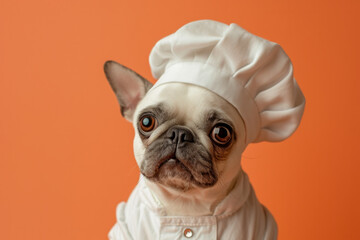 Happy dog in a chef's hat on an pink background, Close-up portrait photography of a happy dog wearing a chef hat . Cute dog as a chef