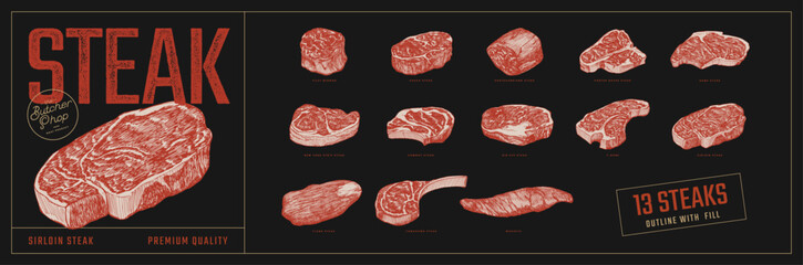 Big set of slices meat steaks. Cowboy, Mignon, T-bone, Chateaubriand, Rump, New York Strip, Sirloin, Tomahawk and T-bone. Hand-drawn vector illustrations. Design element for packaging, label, menu. - 723397783