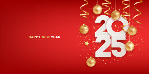 Happy new year 2025. White paper numbers with golden Christmas decoration and confetti on red background. Holiday greeting card design.